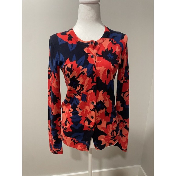 Tommy Hilfiger‎ Cotton Exploded Floral Cardigan Coral Navy XS Retro Artsy Preppy - Picture 1 of 13